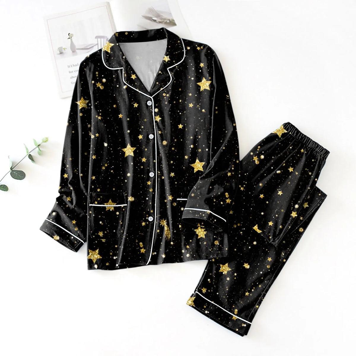 Women's Satin-Look Star Print Pajama Set, Long-Sleeve Button-Front Shirt and Matching Ankle-Length Pants, Two-Piece Loungewear