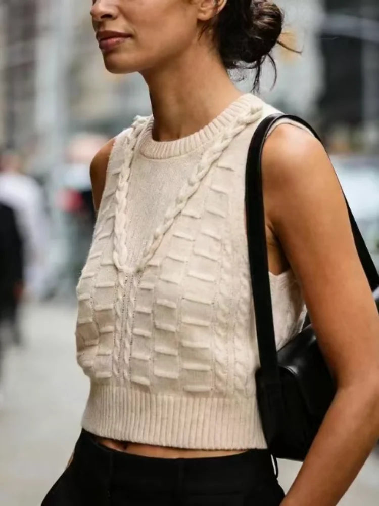 Women's Textured Cable Knit Crop Sweater Vest with Sleeveless Preppy Fit