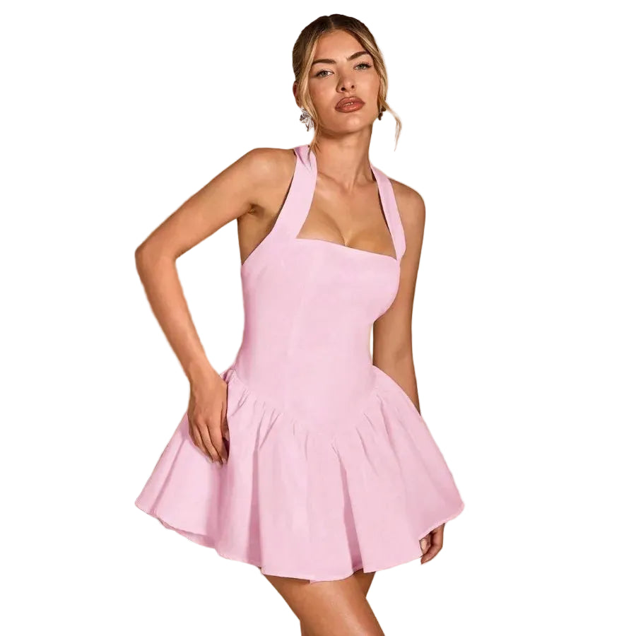 Halter Neck Fit and Flare Mini Dress with Open Back Feminine Party Silhouette