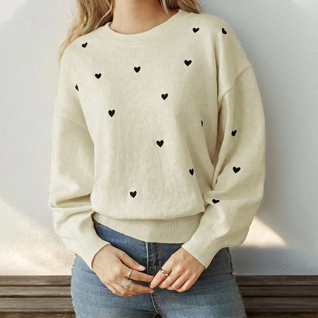 Women's Heart Pattern Relaxed Fit Knit Pullover Streetwear Sweater