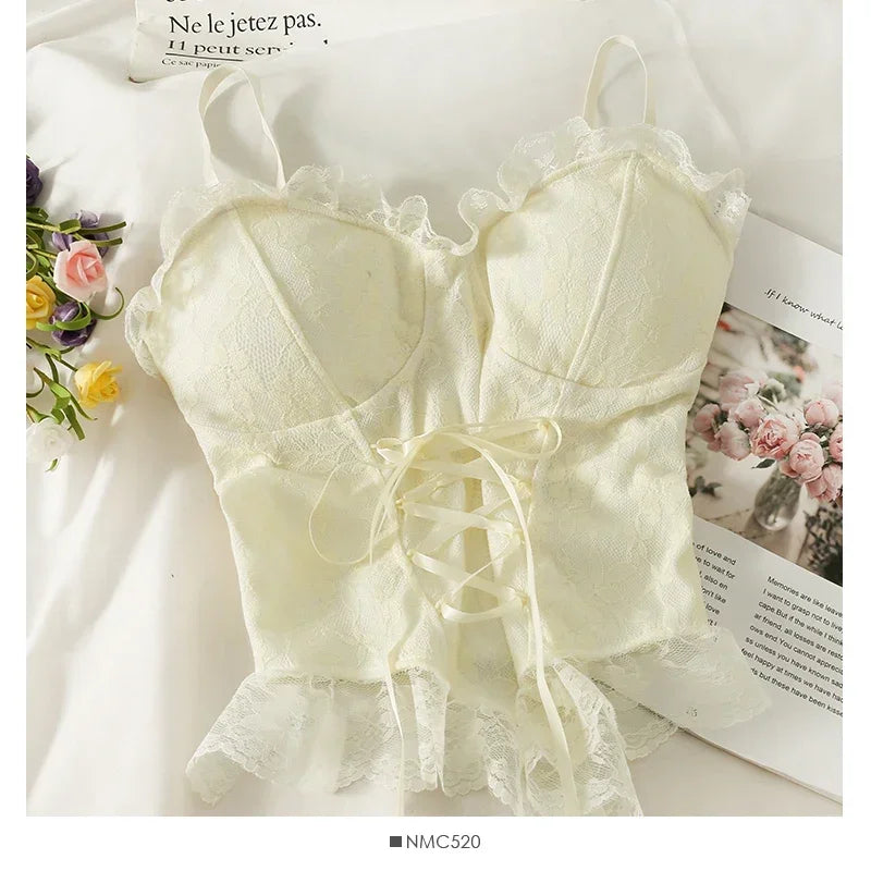 Lace Trim Corset Cami Top with Structured Bodice and Adjustable Straps