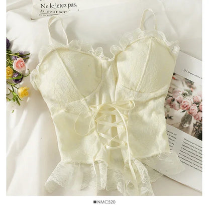 Lace Trim Corset Cami Top with Structured Bodice and Adjustable Straps