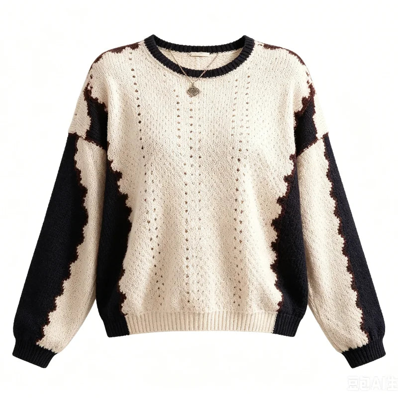 Women's Contrast Sleeve Relaxed Fit Contemporary Streetwear Knit Sweater