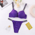 Sleek Minimalist Contour Underwire Bra and Thong Set with Crystal-Embellished Straps