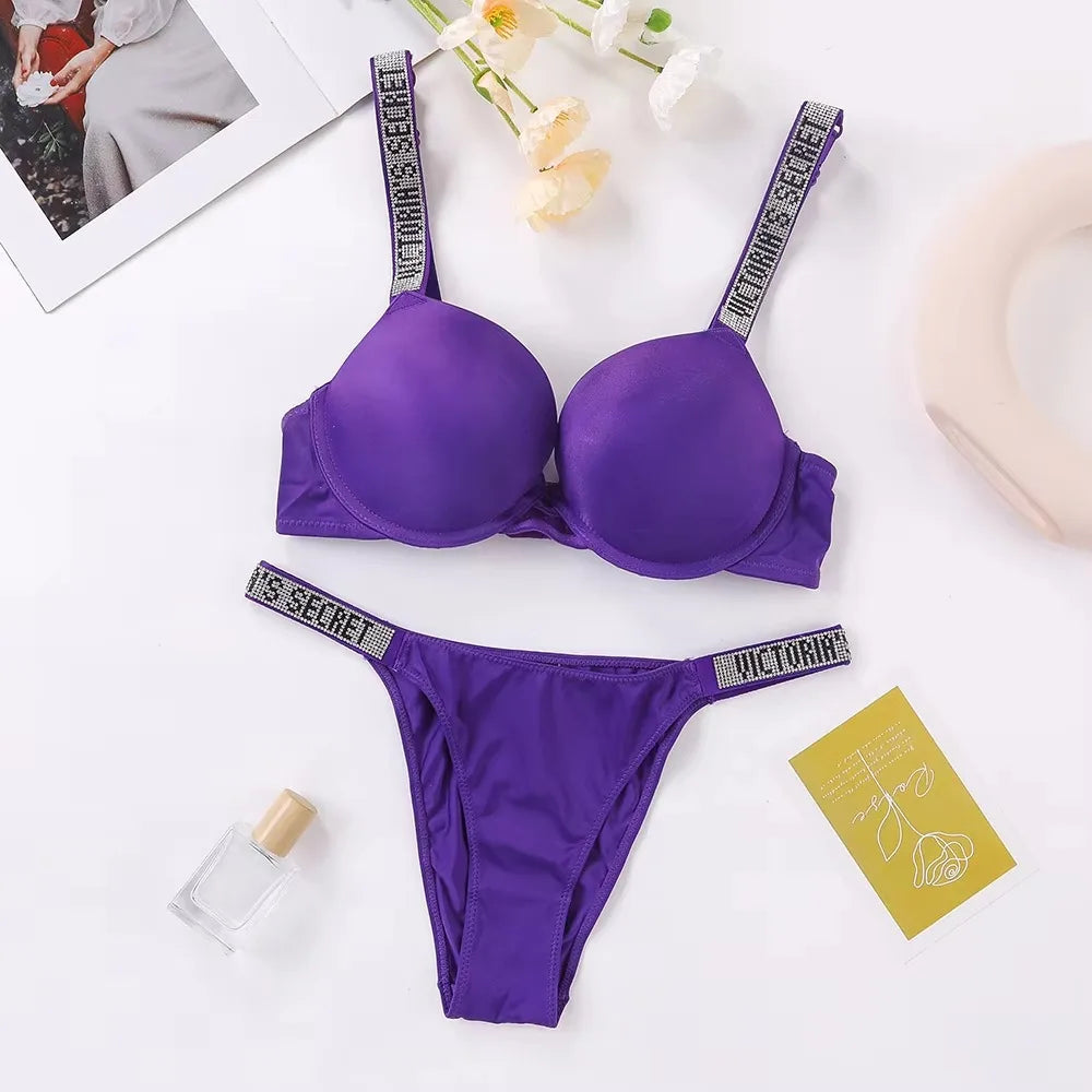 Sleek Minimalist Contour Underwire Bra and Thong Set with Crystal-Embellished Straps