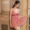 Dusty Rose Pleated Babydoll Nightdress with Satin Bow and Plunging Neckline