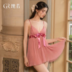 Dusty Rose Pleated Babydoll Nightdress with Satin Bow and Plunging Neckline