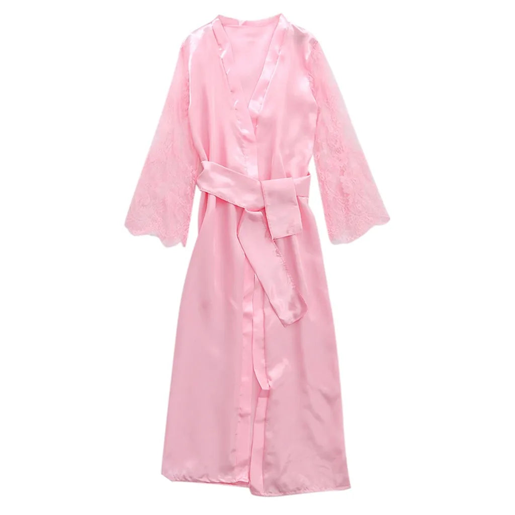 Glamorous Floor-Length Satin-Finish Robe with Sheer Floral Lace Statement Sleeves