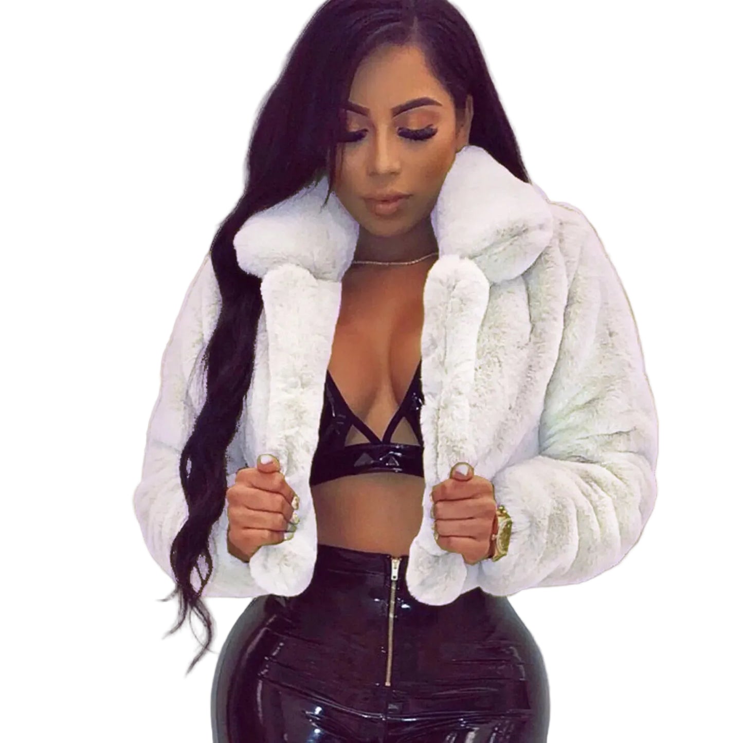 Cropped Faux Fur Jacket with Plush Texture Contemporary Fashion Outerwear
