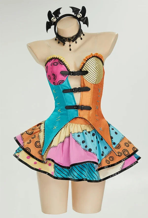 Women's Velvet Corset and Double Layered Patchwork Skirt Costume Set with Matching Accessories