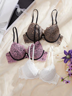 Romantic Floral Lace Push-Up Bra Set with Scalloped Edges and Rhinestone Accents