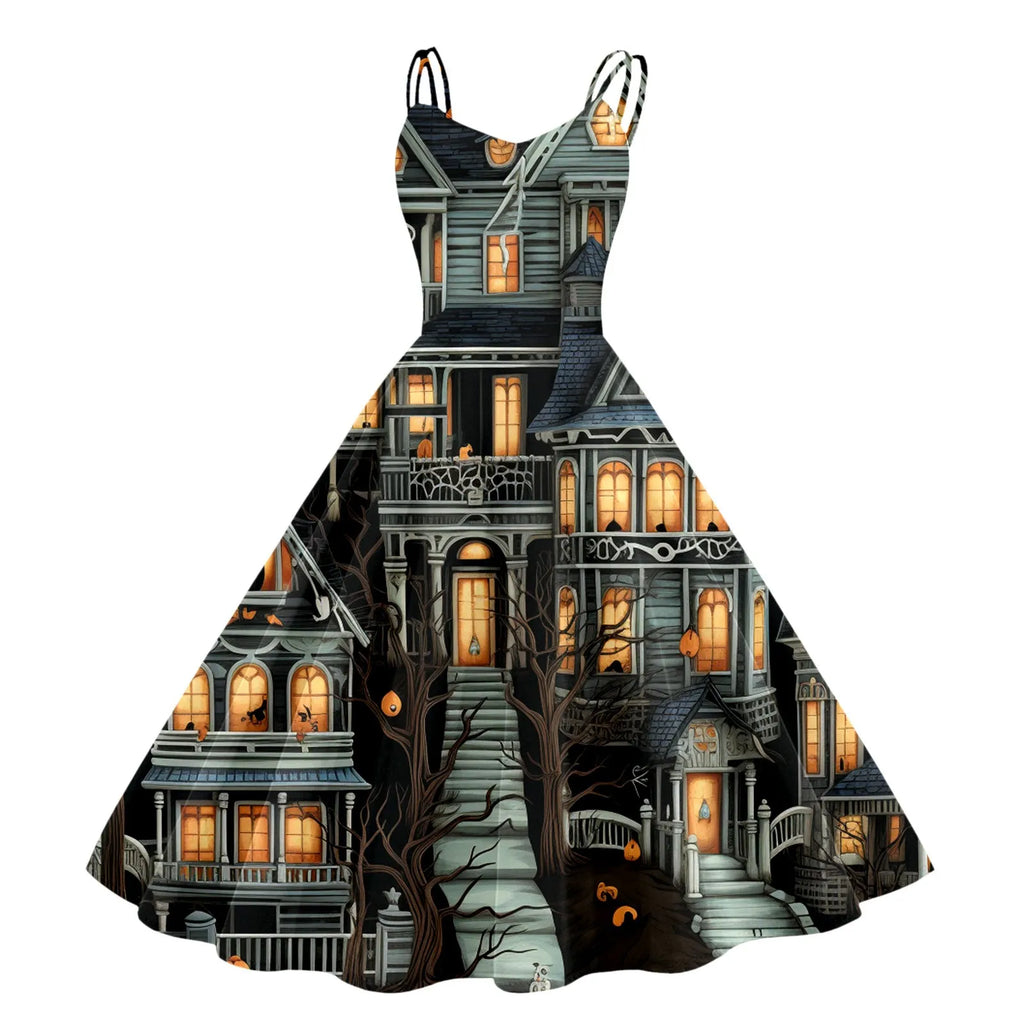 Halloween Graveyard Print Flared A-Line Dress with Double Spaghetti Straps