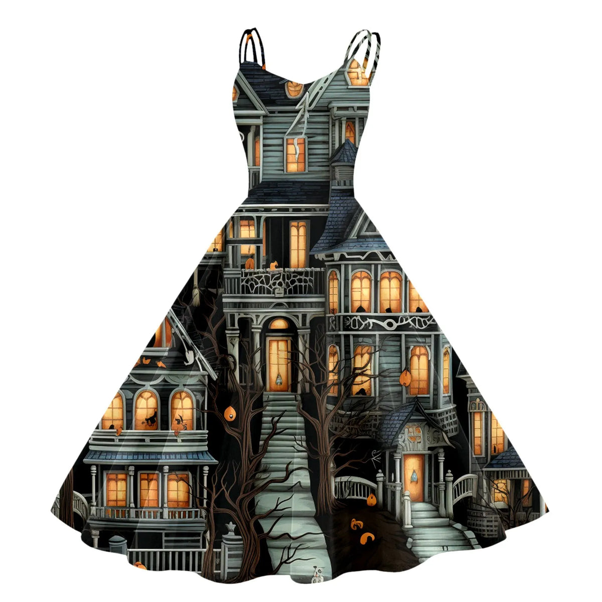 Halloween Graveyard Print Flared A-Line Dress with Double Spaghetti Straps