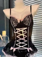 Romantic Black Lace Corset Bodysuit with Contrast Ribbon Lace-Up and Ruffled Trim