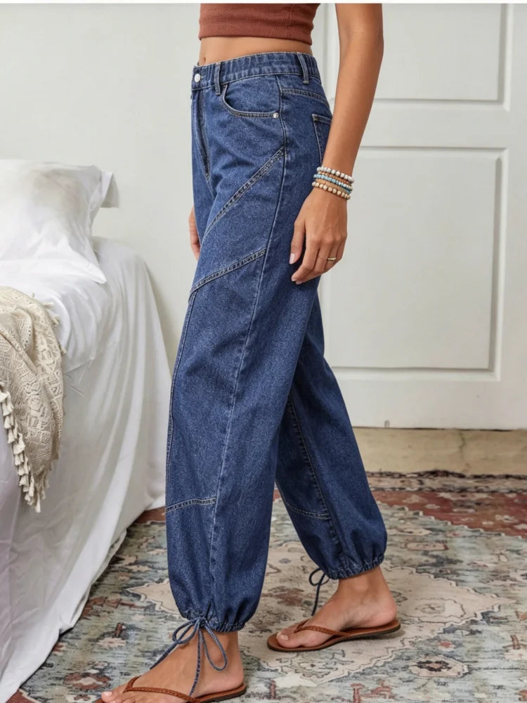 High Waist Parachute Denim Jeans with Wide Leg Cargo Style Drawstring Hem
