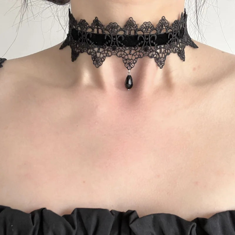 Vintage Gothic Lace Choker Necklace With Ornamental Pendant and Dark Feminine Detailing