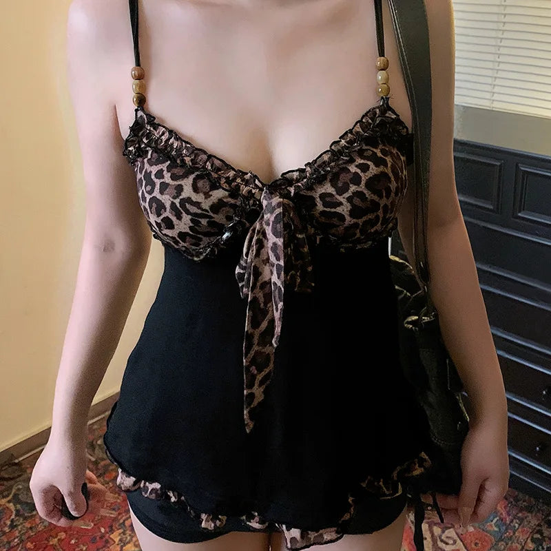Lace-Up Patchwork Camisole Tank Top with Slim Fit Vintage Streetwear Inspired Design