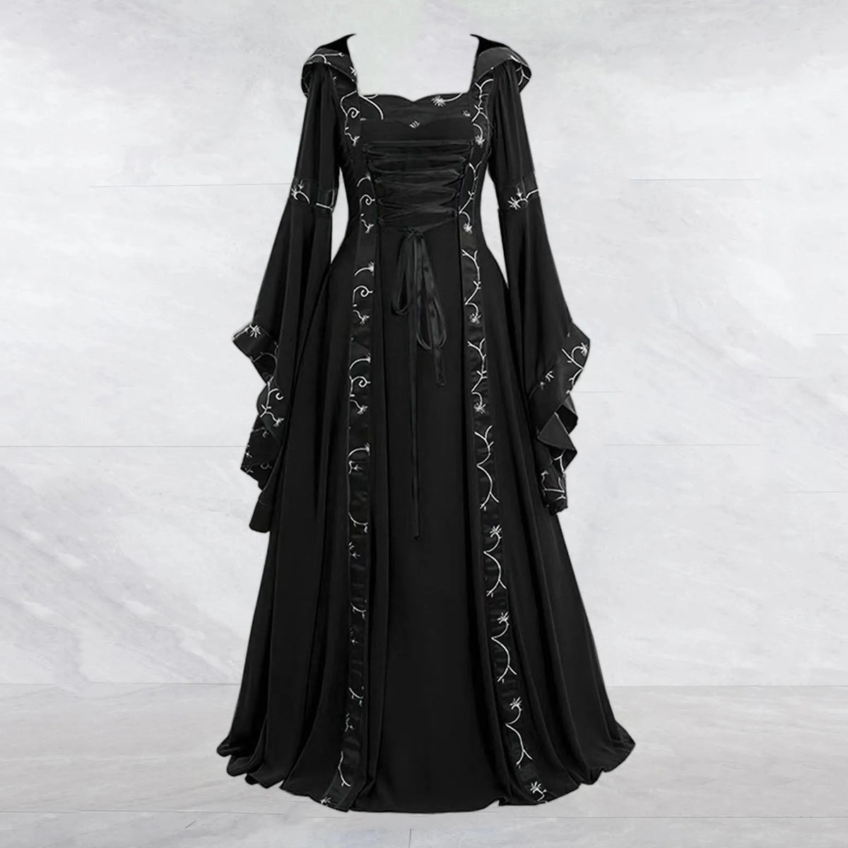 Dramatic Gothic Maxi Dress with Flared Sleeves and Ornate Trim
