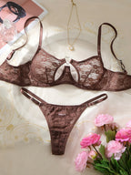 Sheer Black Floral Lace Front-Closure Bra and Thong Set