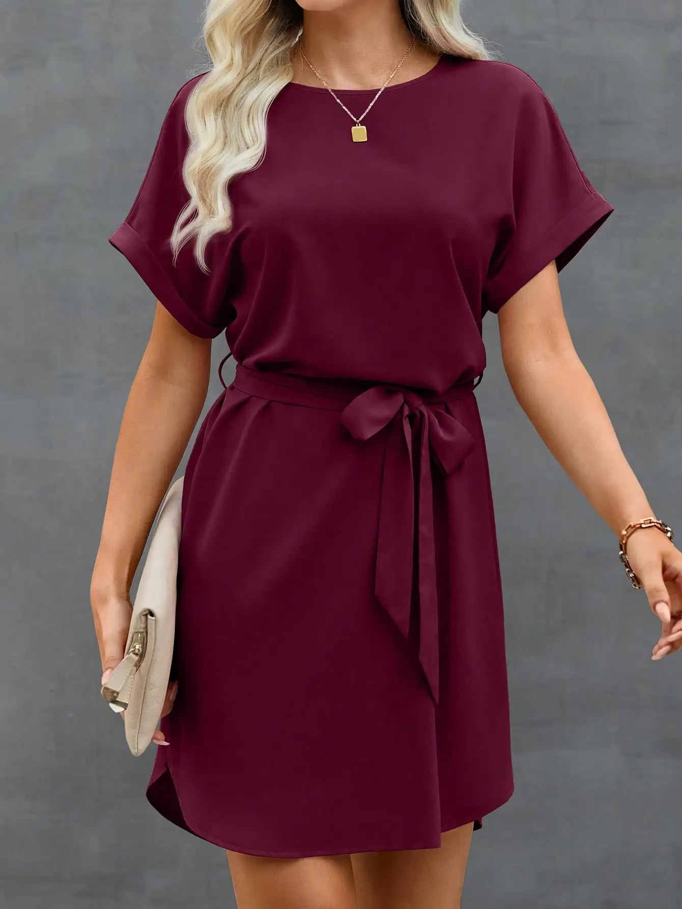 Batwing Sleeve Waist Tie Mini Dress with Relaxed A-Line Silhouette