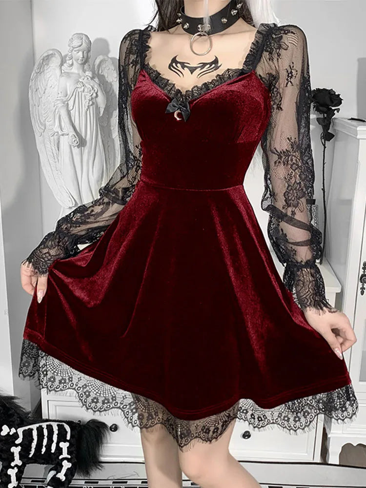 Velvet Gothic Skater Dress with Lace Sleeves and Dark Romantic Style