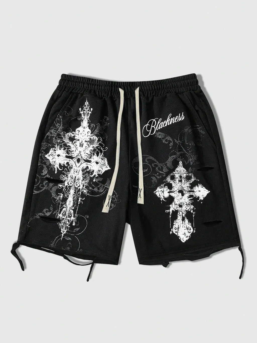 Men's Loose Graphic Print Drawstring Sports Shorts with Distressed Streetwear Inspired Design
