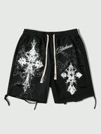 Men's Loose Graphic Print Drawstring Sports Shorts with Distressed Streetwear Inspired Design