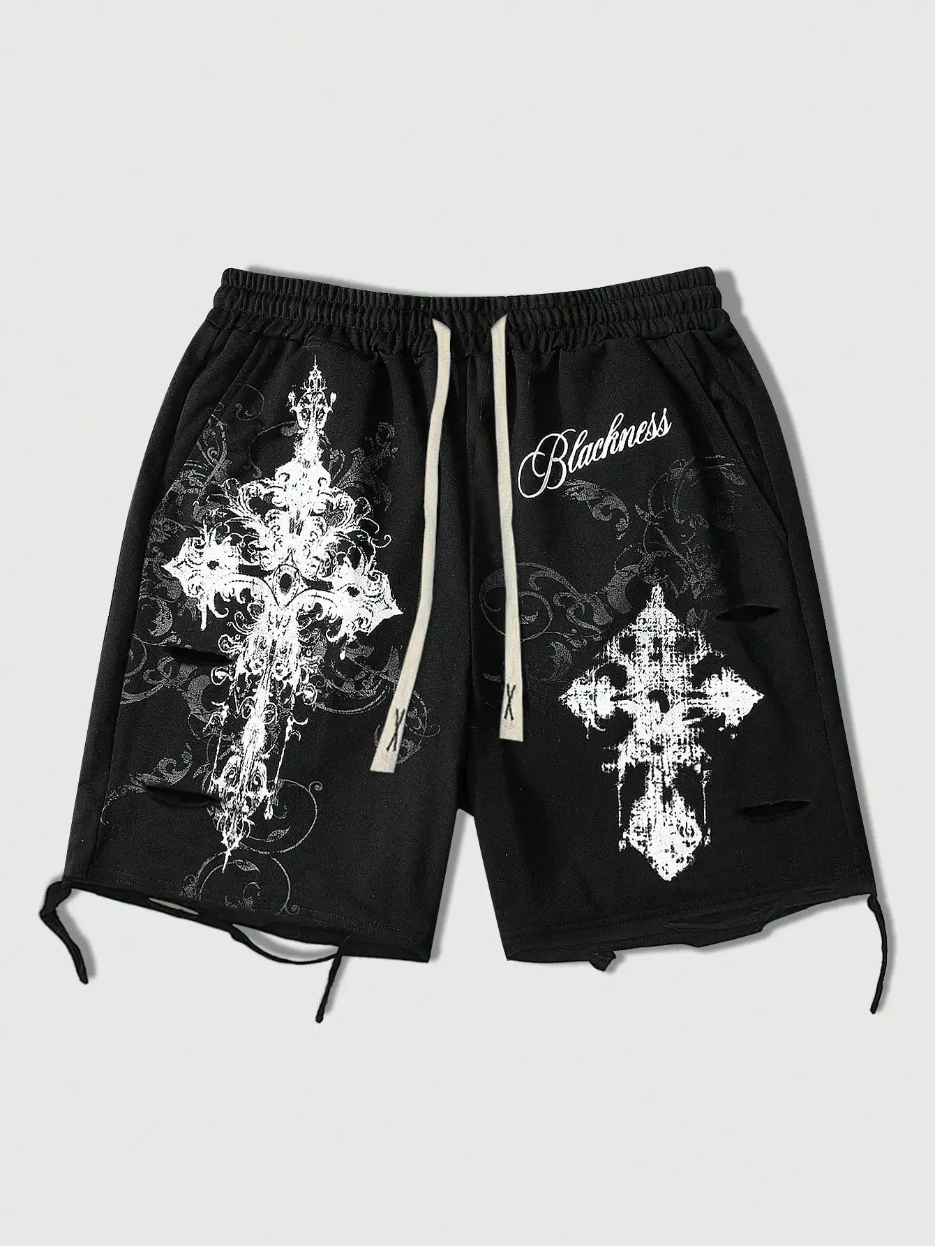 Men's Loose Graphic Print Drawstring Sports Shorts with Distressed Streetwear Inspired Design