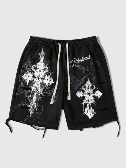 Men's Loose Graphic Print Drawstring Sports Shorts with Distressed Streetwear Inspired Design