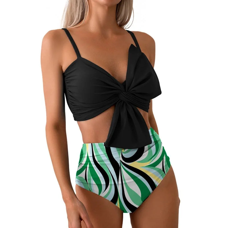 Vibrant Orange Bowknot Bikini Top with High-Waisted Tropical Print Bottom