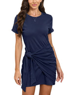 Short Sleeve Front Tie Ruched Mini Dress with Relaxed Casual Silhouette