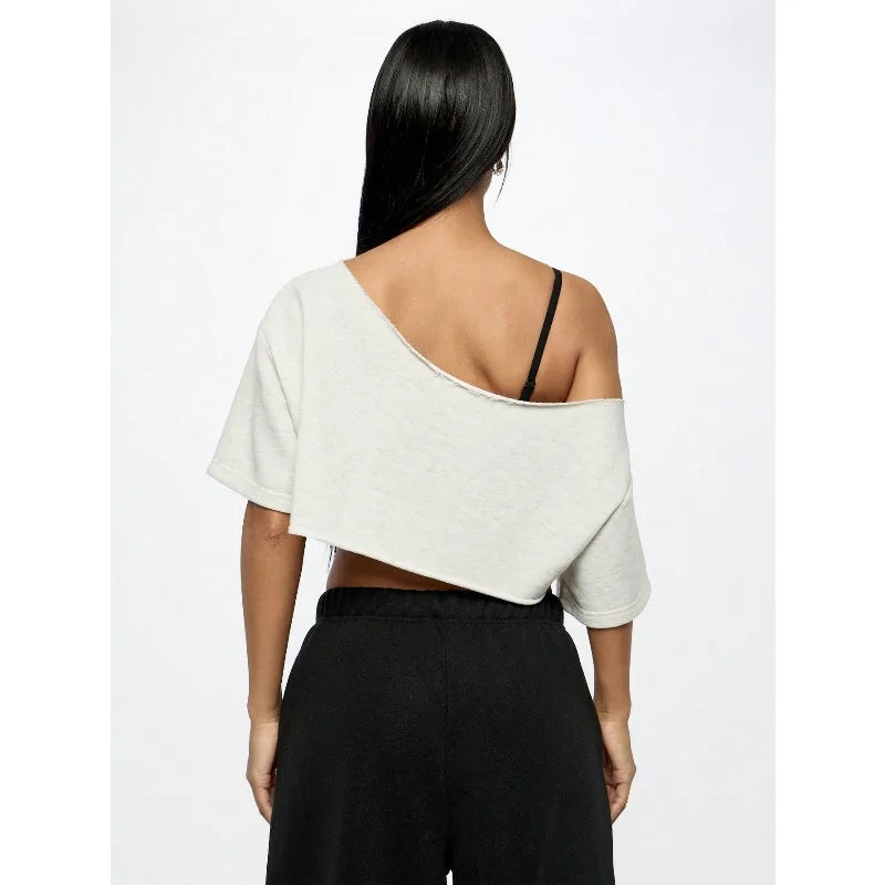 Women's Asymmetric Off Shoulder Graphic Crop T-Shirt for Modern Streetwear and Casual Everyday Style