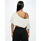 Women's Asymmetric Off Shoulder Graphic Crop T-Shirt for Modern Streetwear and Casual Everyday Style