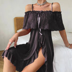 Dusty Mauve Cold-Shoulder Mesh Nightgown with Ruffled Slit Skirt
