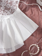 Ethereal White Sheer Lace Babydoll Set with Ruffled Tulle Skirt