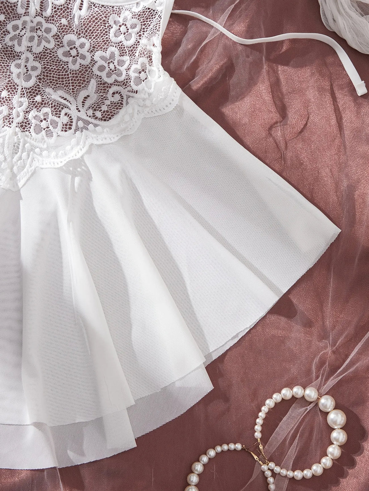 Ethereal White Sheer Lace Babydoll Set with Ruffled Tulle Skirt