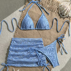 Textured Brown Three-Piece Triangle Bikini Set with Matching Ruched Skirt