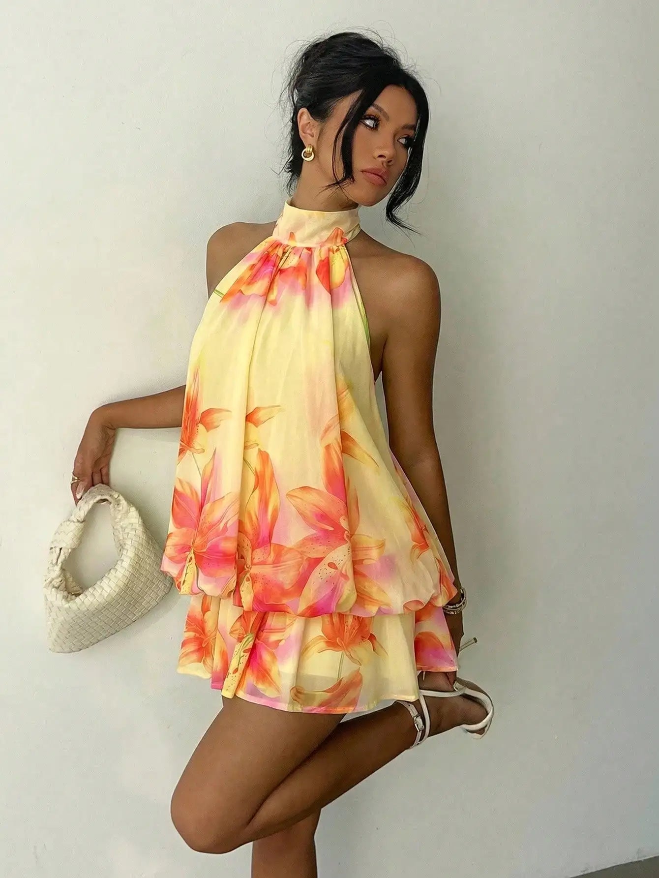Ruched Halter Neck Tiered Mini Dress With Flowy A-Line Party Silhouette