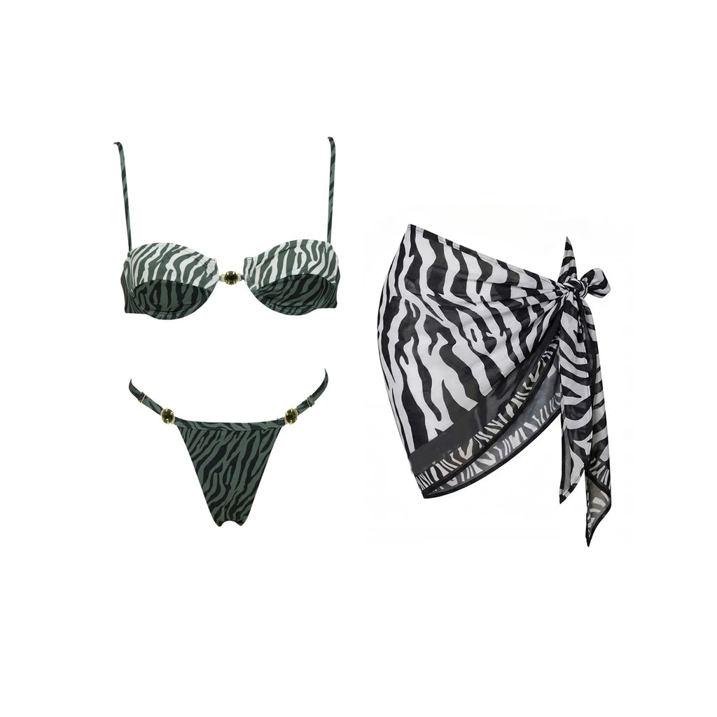 Three-Piece Zebra Print Swimwear Set with Matching Sheer Mesh Pants