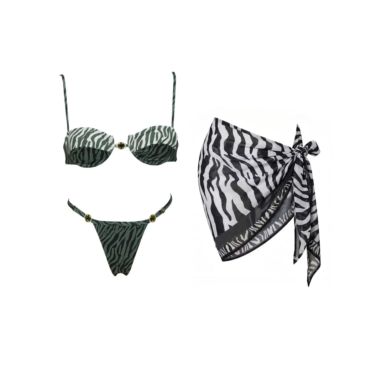 Three-Piece Zebra Print Swimwear Set with Matching Sheer Mesh Pants
