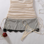 Two-Tone Ruched Halter Babydoll Dress with Black Lace Bodice and Drawstring Sides