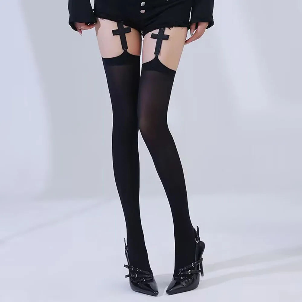 Gothic Cross Print Thigh High Stockings Alternative Fashion Statement Tights
