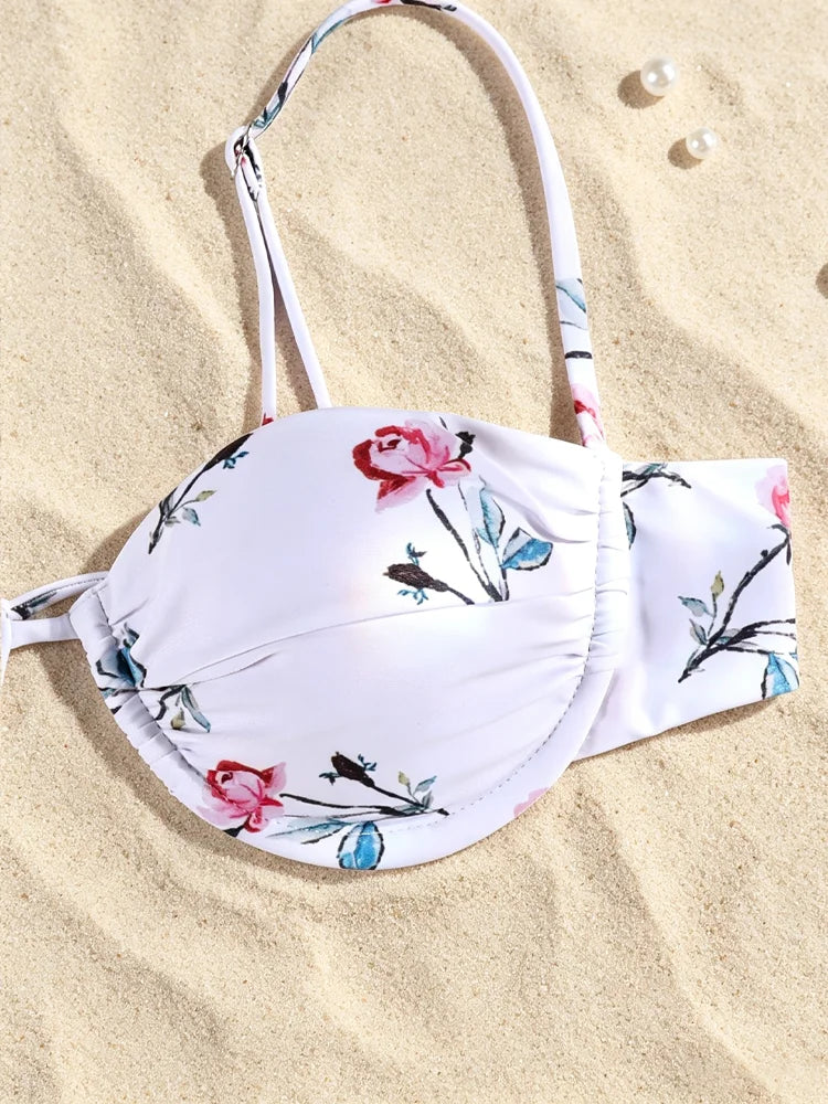 White Floral Print Underwire Bikini Set with Matching Ruffled Sarong Skirt