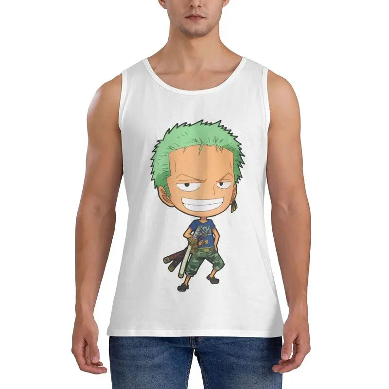 Kawaii Anime-Inspired Cotton Sleeveless Tank Top with Chibi Adventure Character Graphic Design