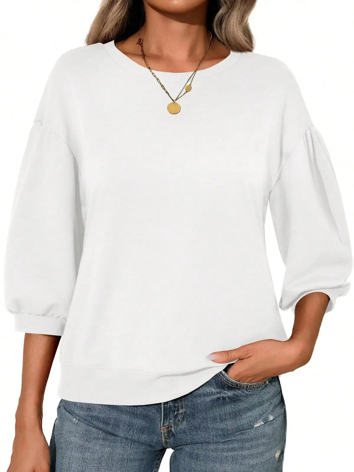 Women's Puff Sleeve Crew Neck Sweatshirt with Relaxed Fit for Contemporary Casual Fashion  Description: