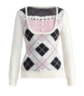 Women's Argyle Knit Sweater with Bow Detail and Fitted Preppy Silhouette