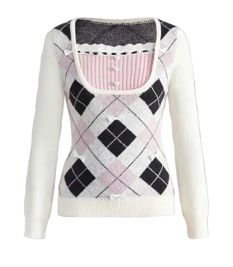Women's Argyle Knit Sweater with Bow Detail and Fitted Preppy Silhouette