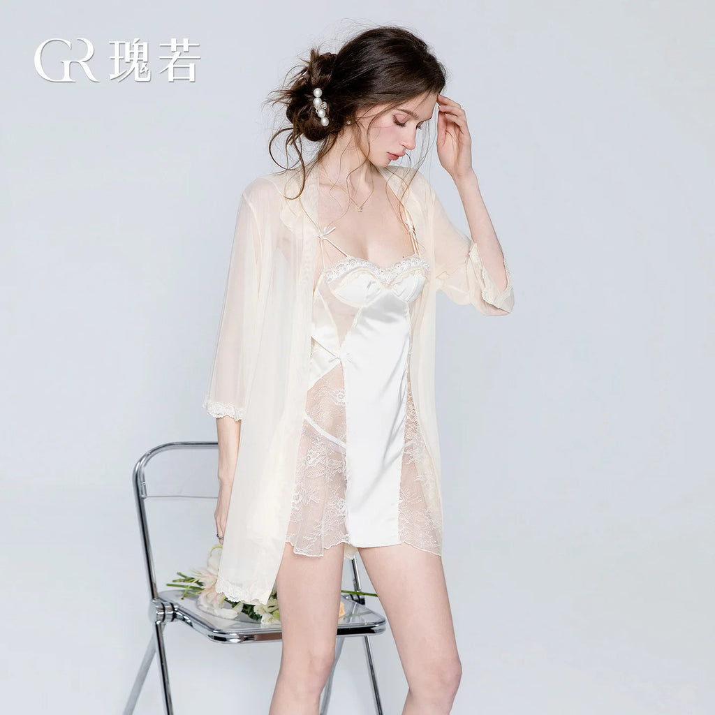 Ethereal Ivory Two-Piece Sleepwear Set with Lace-Paneled Chemise and Sheer Long-Sleeve Robe