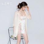 Ethereal Ivory Two-Piece Sleepwear Set with Lace-Paneled Chemise and Sheer Long-Sleeve Robe
