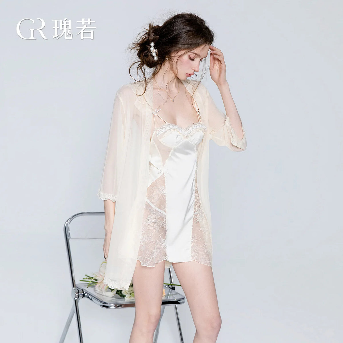 Ethereal Ivory Two-Piece Sleepwear Set with Lace-Paneled Chemise and Sheer Long-Sleeve Robe
